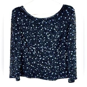 Patra by Joanna Chen Navy Blue Sequined, Lined with Sheer Sleeves, V-Back Blouse